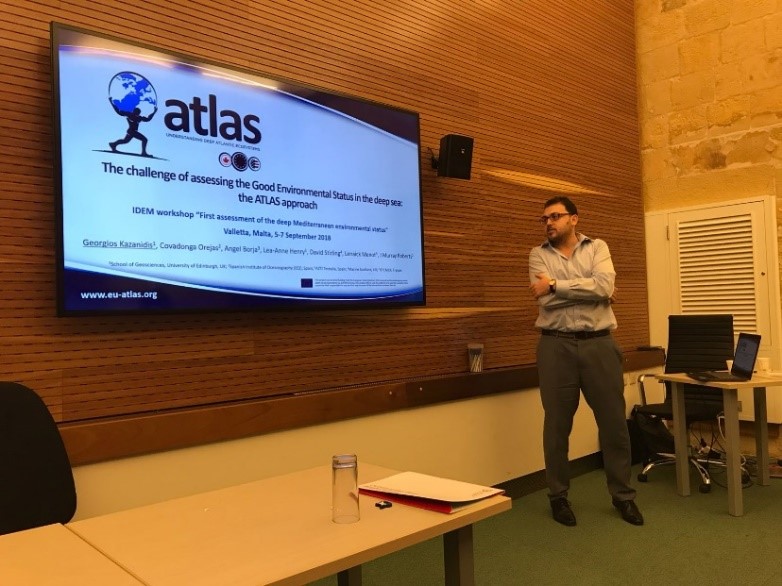 Georgios Kazanidis presenting the work of the ATLAS project towards assessing Good Environmental Status in the deep-sea ecosystems of the North Atlantic Georgios Kazanidis presenting the work of the ATLAS project towards assessing Good Environmental Status in the deep-sea ecosystems of the North Atlantic