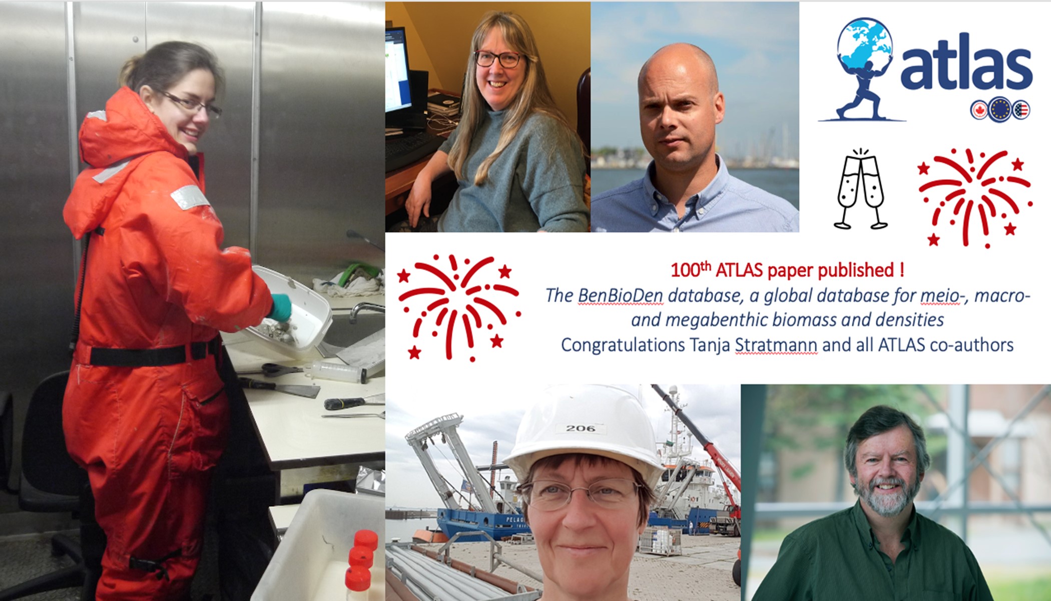 ATLAS co-authors of the ATLAS 100th publication: (from left to right). Tanja Stratmann (NIOZ, Utrecht University, Max Planck Institute for Marine Microbiology), Ellen Kenchington (Bedford Institute of Oceanography, Fisheries and Ocean Canada), Dick van Oevelen (NIOZ, Utrecht University), Paul Snelgrove (Memorial University of Newfoundland, member of the ATLAS Advisory Board), Karline Soetaert (NIOZ, Utrecht University).